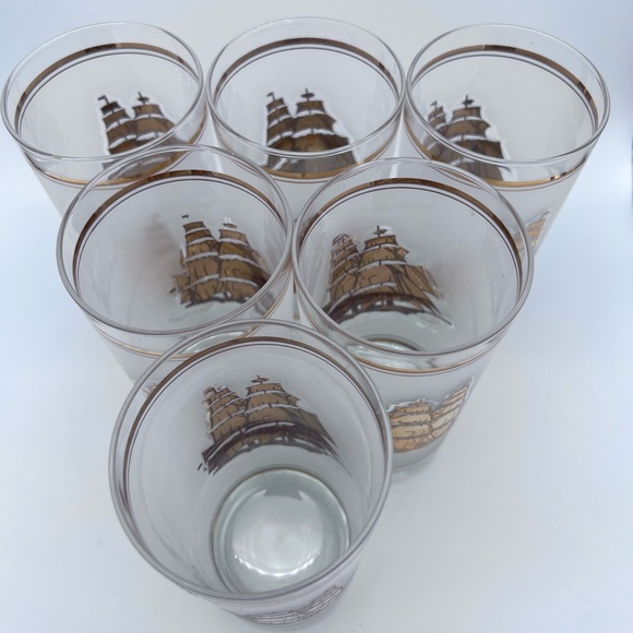 FROSTED Ships GLASSES (6) Gold NAUTICAL SAIL BOAT bar 5-1/2” tall - Picture 3 of 8